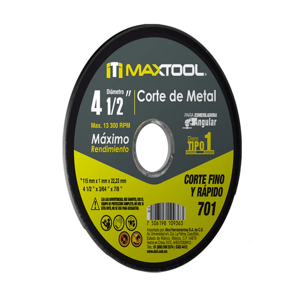 [307802] DISCO CORTE DE METAL 4 1/2" X 1MM TIPO 1 MAXTOOL