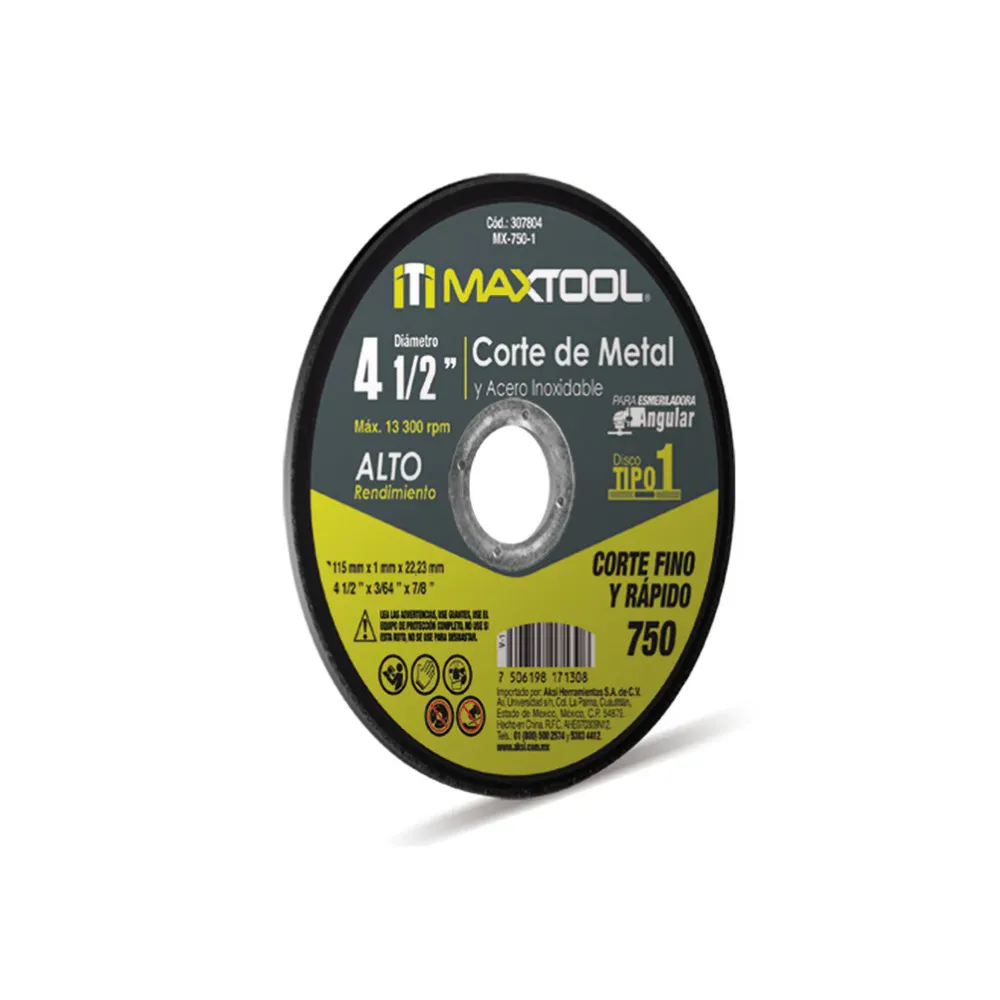[307804] DISCO CORTE METAL Y ACERO INOX 4 1/2" X 1MM TIPO 1 MAXTOOL